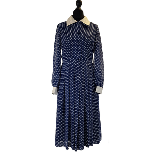 Vintage 1950s Leilian Tokyo Royal Blue and White Polka Dot Shirt Dress - 10