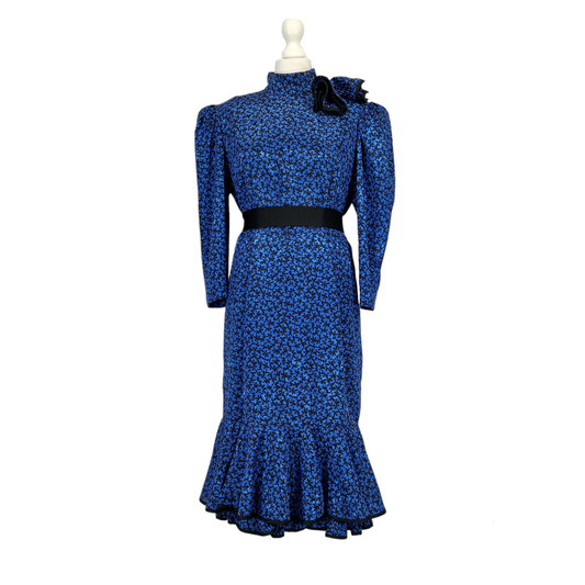 Vintage 1980s Fink Modell Royal Blue and Black Floral Dress - 12