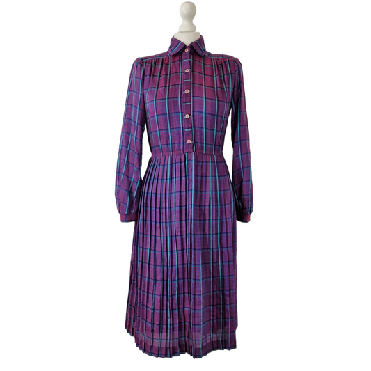 1970's Vintage Belâge Purple and Pink Tartan Shirt Dress - 10/12