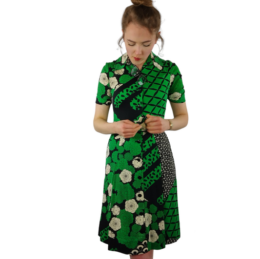 Vintage Japanese Vivid Hanae Mori Green Floral Dress - Small