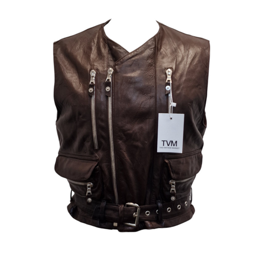 Vintage Italian Leather Brown Waistcoat with Riri Zippers - Medium - Large