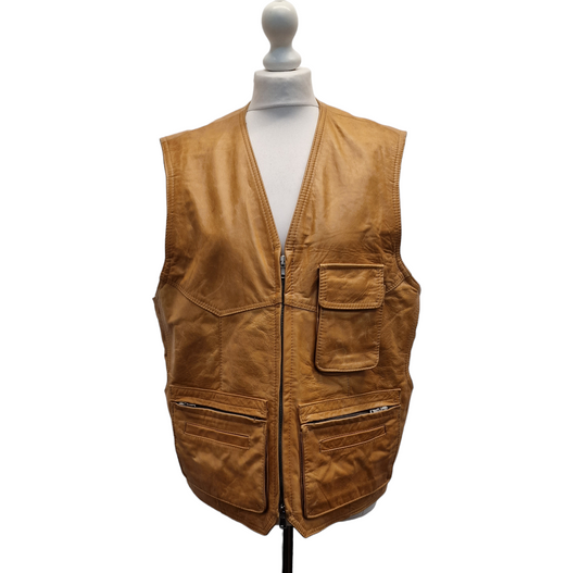 Vintage Tan Leather Pocket Waistcoat - Medium